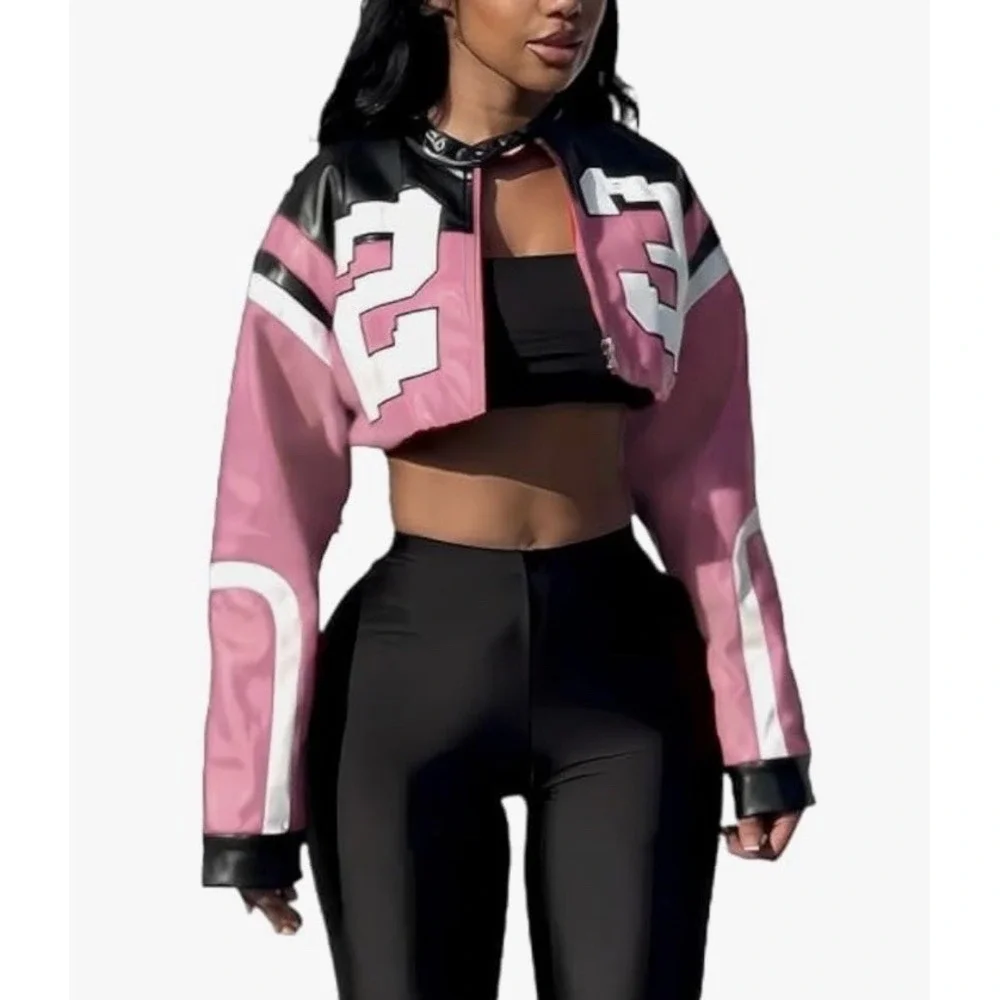 Leather Cropped Motorcycle Y2K Letter Bomber Jacket Size XS